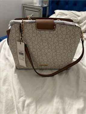 Calvin Klein Cream Monogram Shoulder Bag with Brown Trim